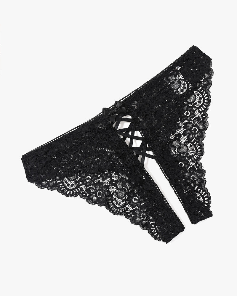 Black lace hipster panty with scalloped edges and crisscross center strap panel