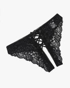 Black lace hipster panty with scalloped edges and crisscross center strap panel