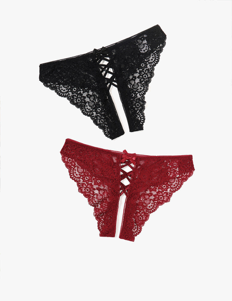 Criss cross lace hipster panty set in black and red with criss cross lacing