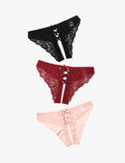 Criss cross lace hipster panty set: black, red, and blush pink with strappy center