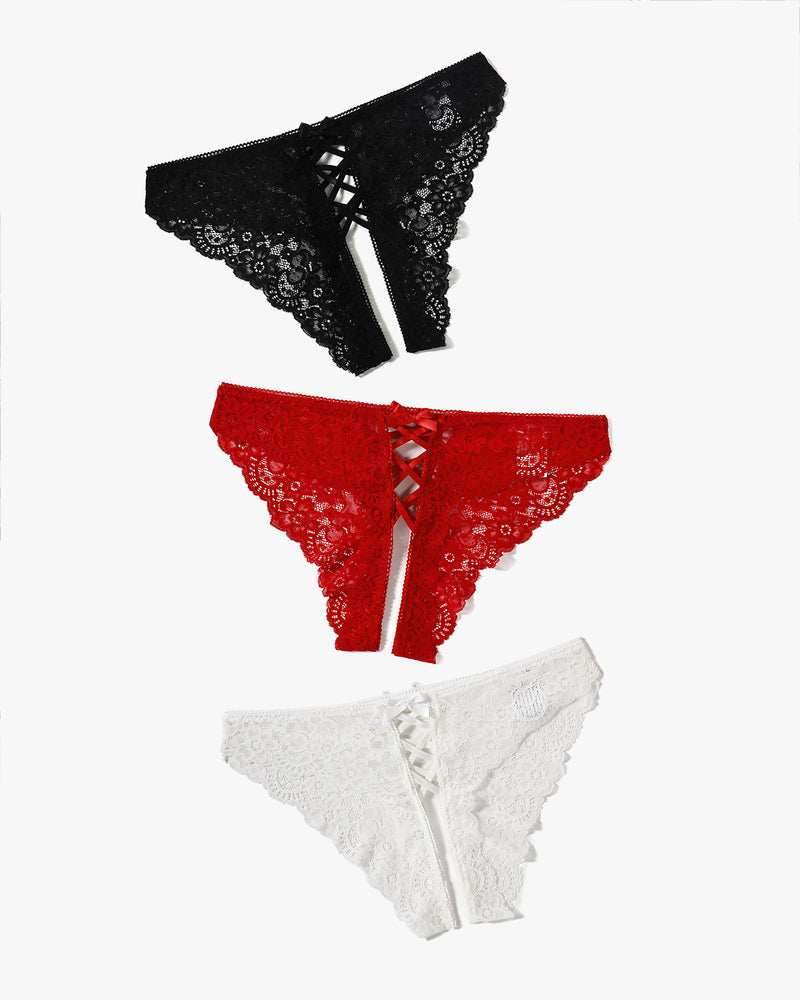 Criss cross lace hipster panty set in black, red, and white with strappy center