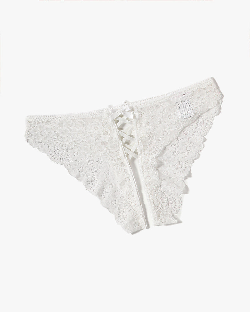 White lace hipster panty with crisscross lacing at center and bow accent
