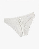 White lace hipster panty with crisscross lacing at center and bow accent
