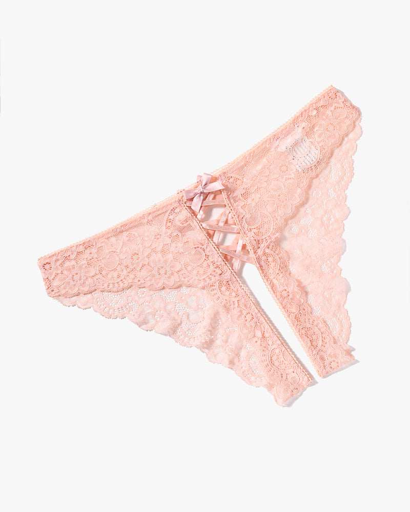 Pink lace hipster panty with crisscross front lacing and small bow at top
