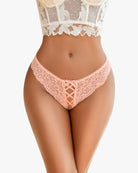 Blush pink lace hipster panty with criss cross lacing and scalloped lace edges