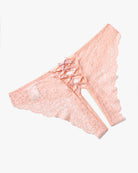 Light pink lace hipster panty, angled view, with crisscross center strap panel