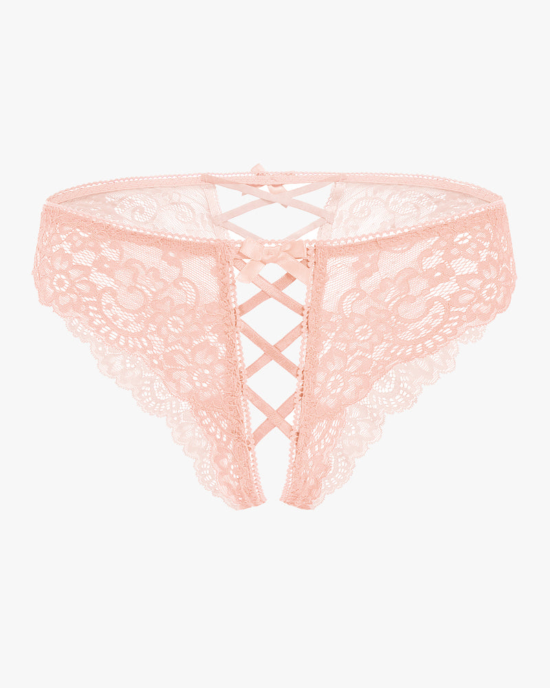 Light pink lace hipster panty with crisscross front opening and top bow