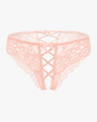 Light pink lace hipster panty with crisscross front opening and top bow