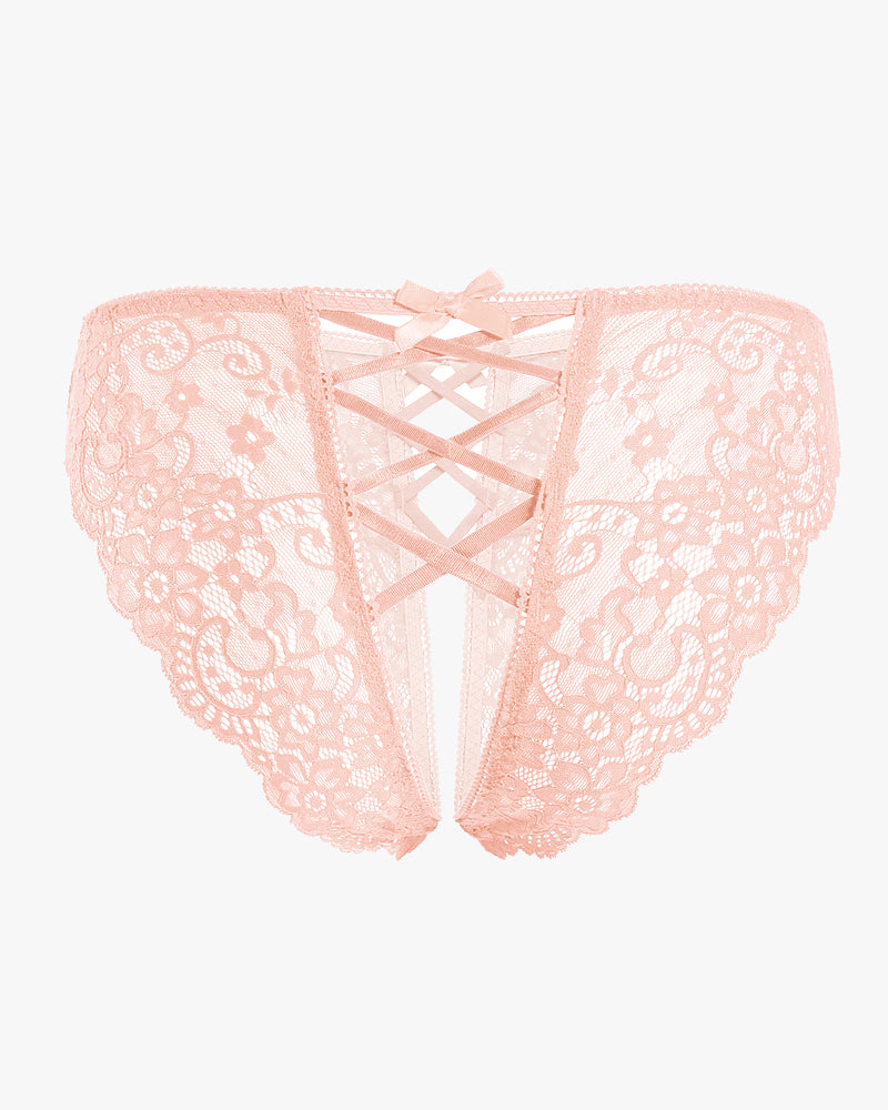 Pink lace hipster panty with crisscross lacing panel and scalloped lace trim