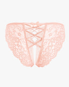 Pink lace hipster panty with crisscross lacing panel and scalloped lace trim