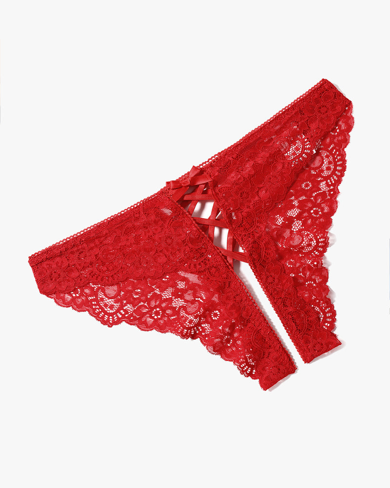 Red lace hipster panty with crisscross front straps and bow detail at top