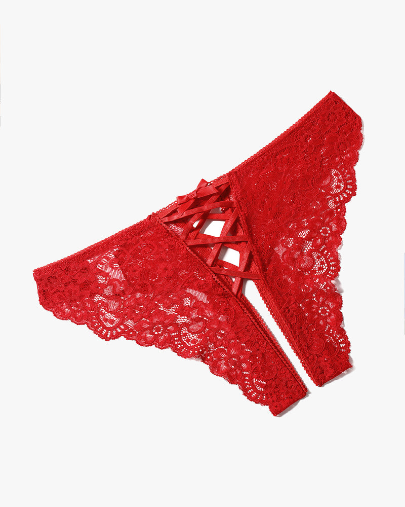 Red lace hipster panty, side angle, with crisscross center panel and ribbon bow