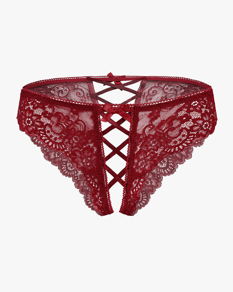 Red lace hipster panty with criss-cross front cutout and bow