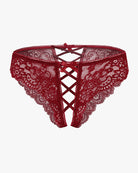 Red lace hipster panty with criss-cross front cutout and bow
