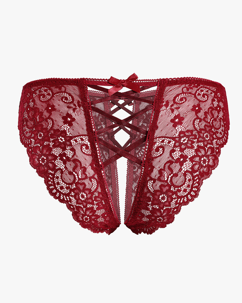Red lace hipster panty with criss-cross lacing center panel