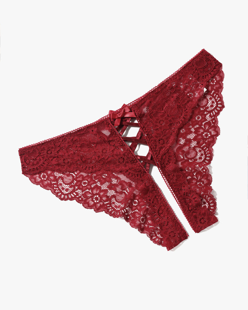 Red lace hipster panty angled view with criss-cross front cutout