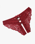 Red lace hipster panty angled view with criss-cross front cutout