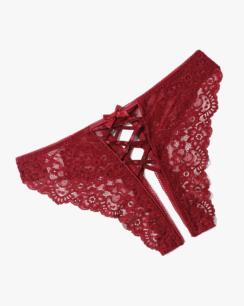 Red lace hipster panty side view with criss-cross lacing detail