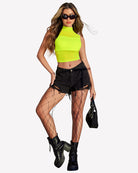 Neon yellow mesh sheer mock neck tank, sleeveless