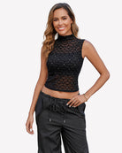 Black mesh sheer mock neck tank with geometric grid texture