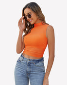Orange mesh sheer mock neck tank, sleeveless front close