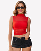 Red sleeveless mock-neck tank top with fitted silhouette