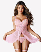 Pink lace babydoll lingerie with open front mesh, bow lacing, garter straps and tulle skirt