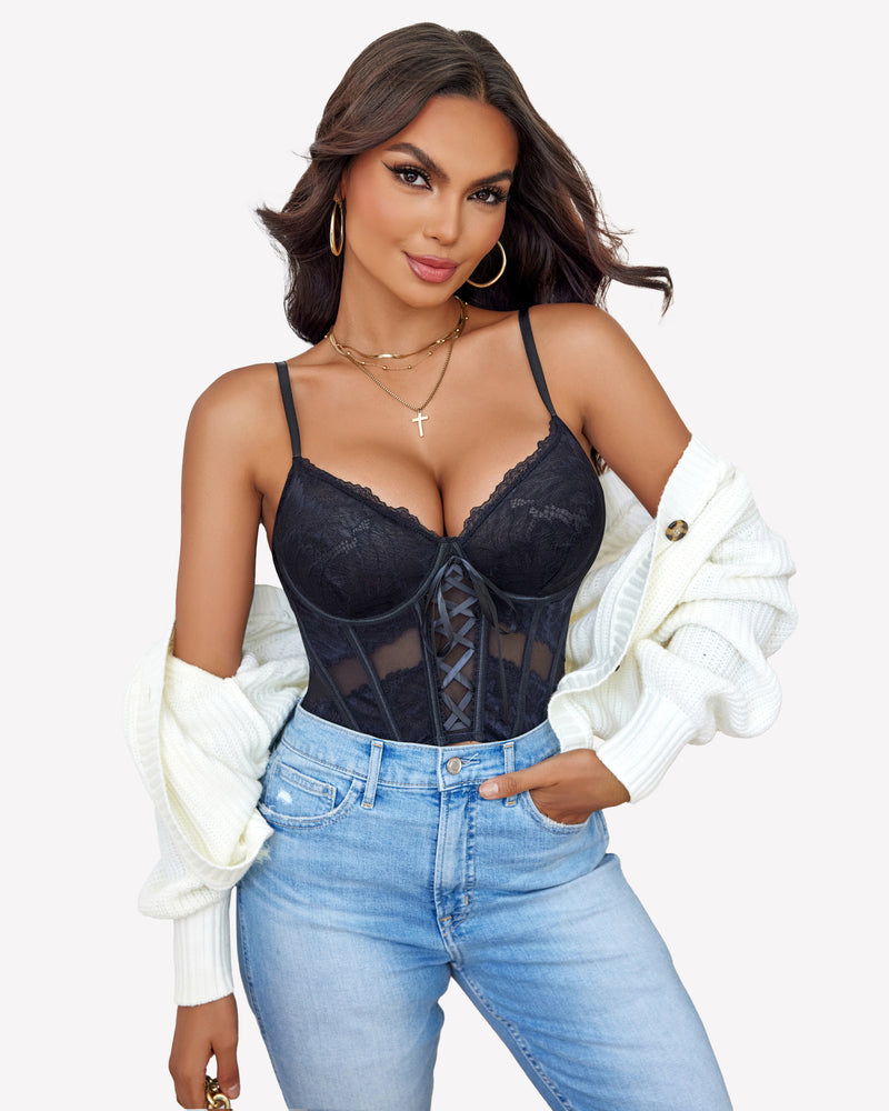 Underwire corset and panty set with garter straps, black lace, paired with denim bottoms