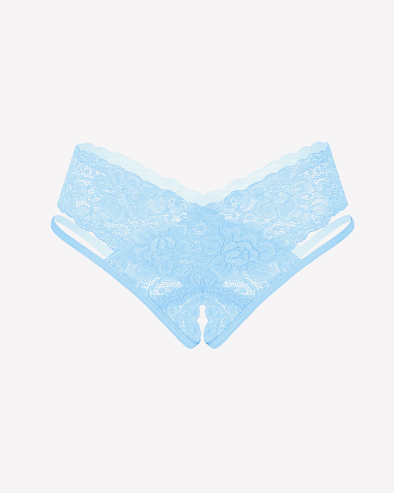 Light blue lace V-shape cheeky panties with scalloped lace front