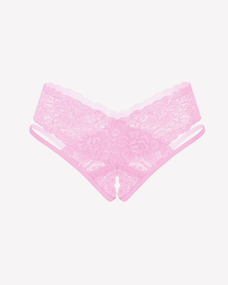 Lace V-shape cheeky panties in pink, flat lay with scalloped lace V-shaped front