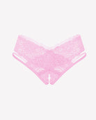 Lace V-shape cheeky panties in pink, flat lay with scalloped lace V-shaped front