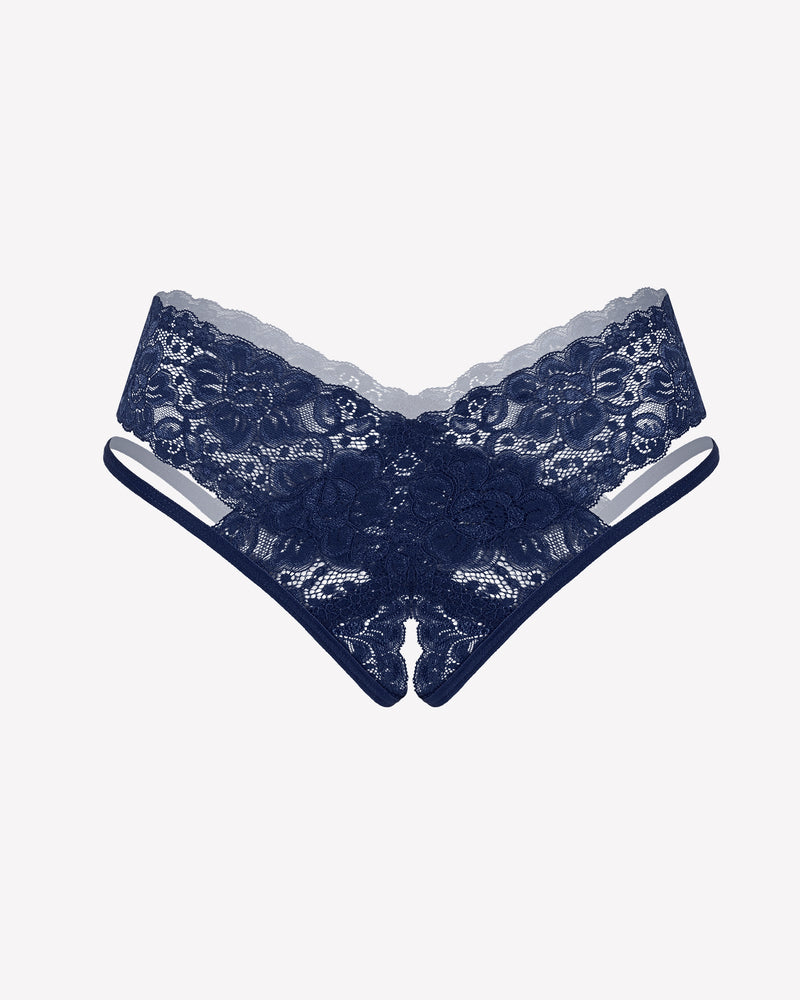 Deep blue lace V-shape cheeky panties, front view