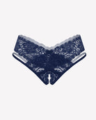 Deep blue lace V-shape cheeky panties, front view
