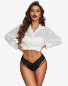 Black lace V-shape cheeky panties on model