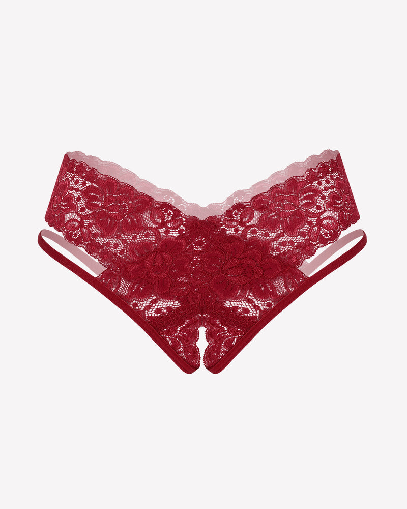 Wine red lace V-shape cheeky panties with floral lace and scalloped edges