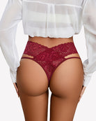 Wine red lace V-shape cheeky panties on model, scalloped lace waistband