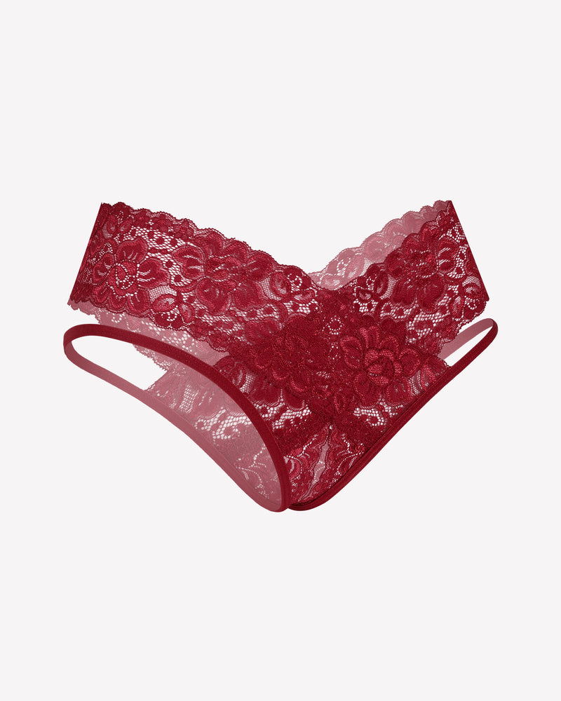 Lace V-shape cheeky panties in deep red with lace V panel and scalloped leg trim