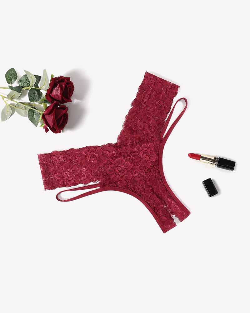 Lace V-shape cheeky panties in wine red, lace thong-style bottom with V front