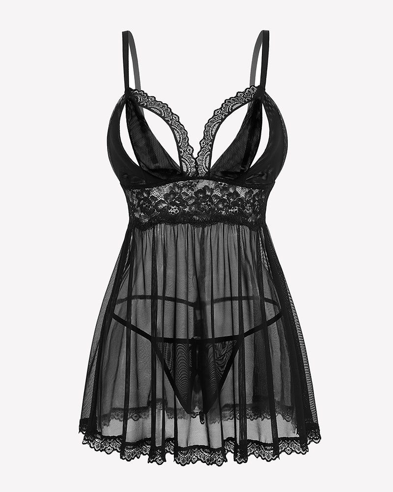 Black lace babydoll lingerie, V-neck cups with sheer mesh skirt and lace edging