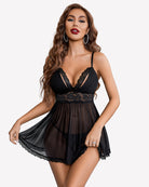 Black lace babydoll lingerie with V-neck bodice, sheer skirt, and scalloped hem