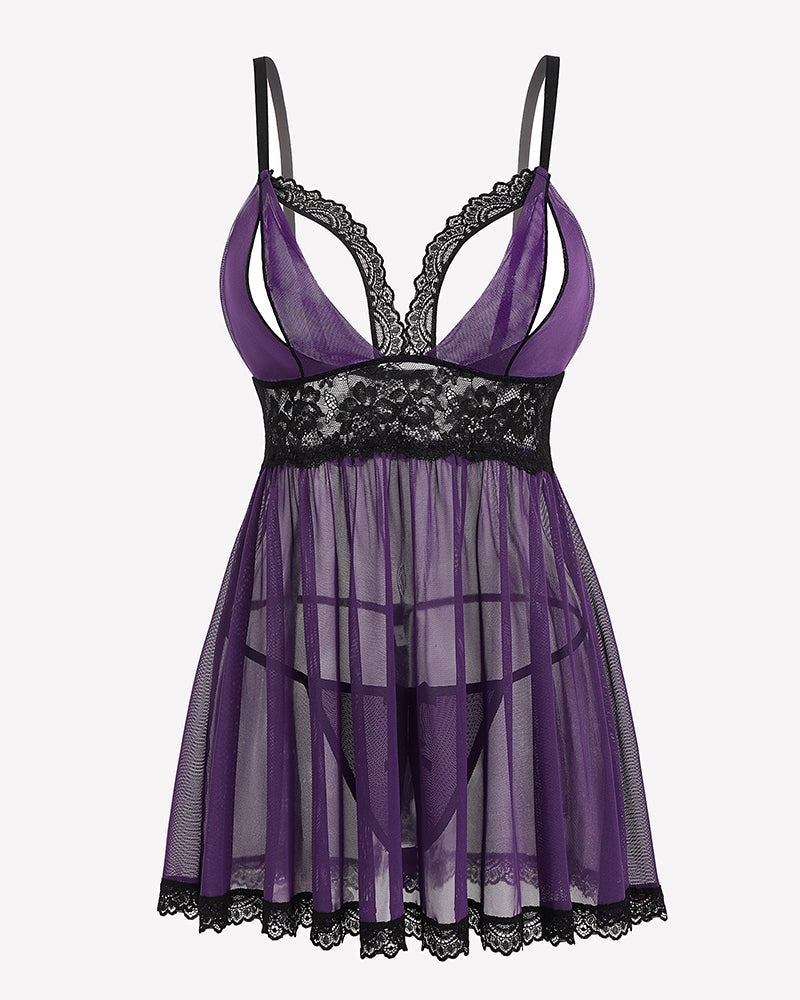 Purple lace babydoll lingerie with V-neck cups, sheer mesh skirt, and lace trim