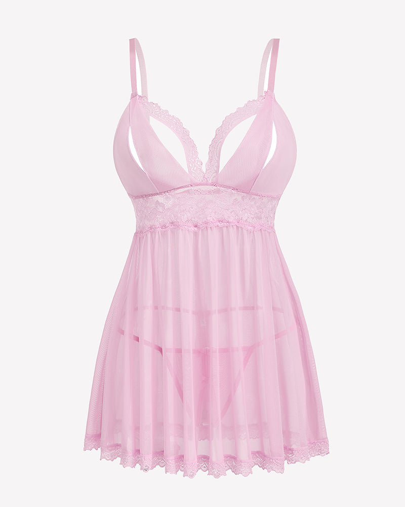 Pink lace babydoll lingerie with V-neck cups, sheer mesh skirt, and lace edging