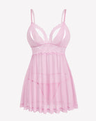 Pink lace babydoll lingerie with V-neck cups, sheer mesh skirt, and lace edging
