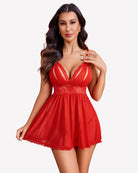 Red lace babydoll lingerie with V-neck lace bodice and flared sheer mesh skirt with lace hem