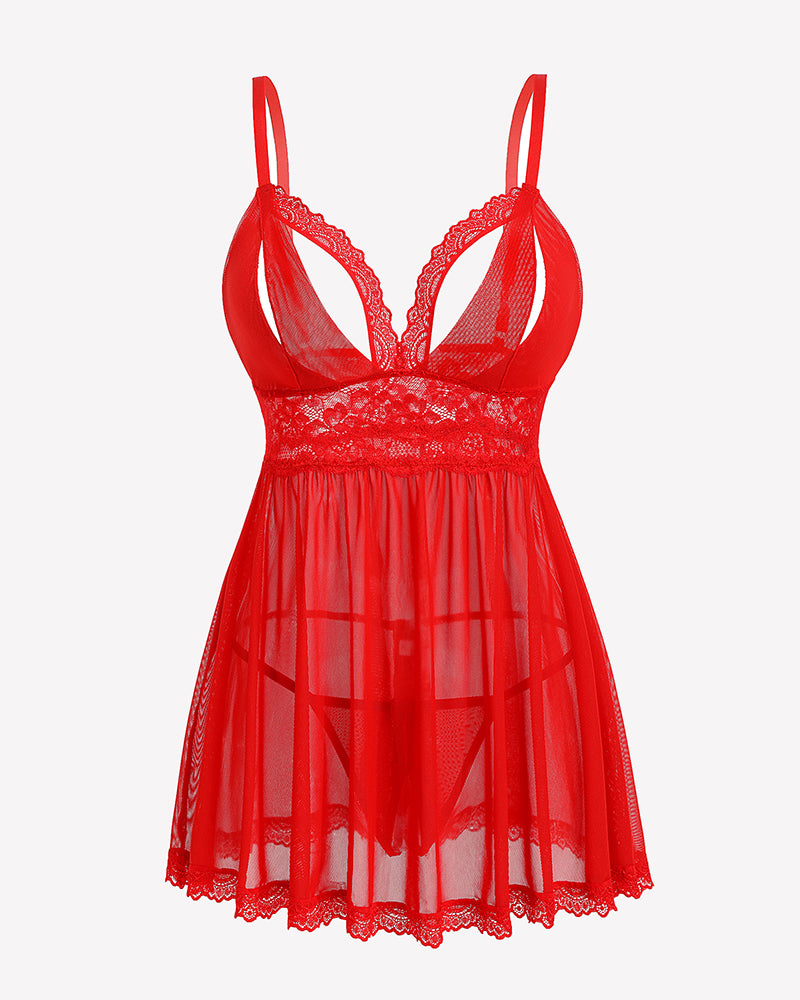 Red lace babydoll lingerie with V-neck lace bodice and sheer mesh skirt, lace-trimmed hem