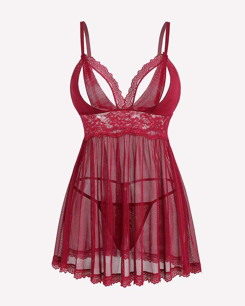 Burgundy lace babydoll lingerie with V-neck lace bodice and sheer mesh skirt, lace-trimmed hem