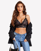 Black lace bra and panty set with garter straps; bra lace scalloped trim