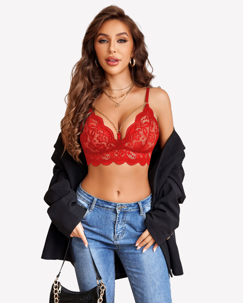 Lace bralette and panty set with garter straps and chains, red lace bralette