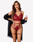 Lace bralette and panty set with garter straps and chains, wine red lace