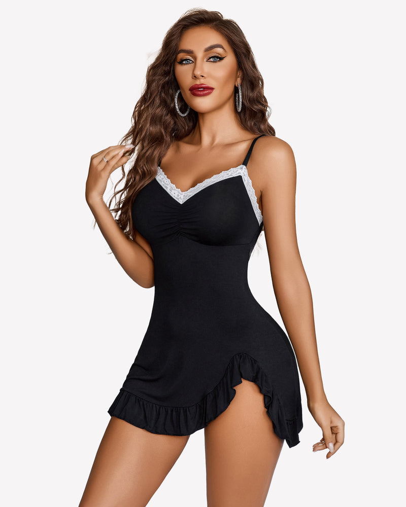 Black modal chemise nightie with lace-trim V neckline and ruffled hem side slit
